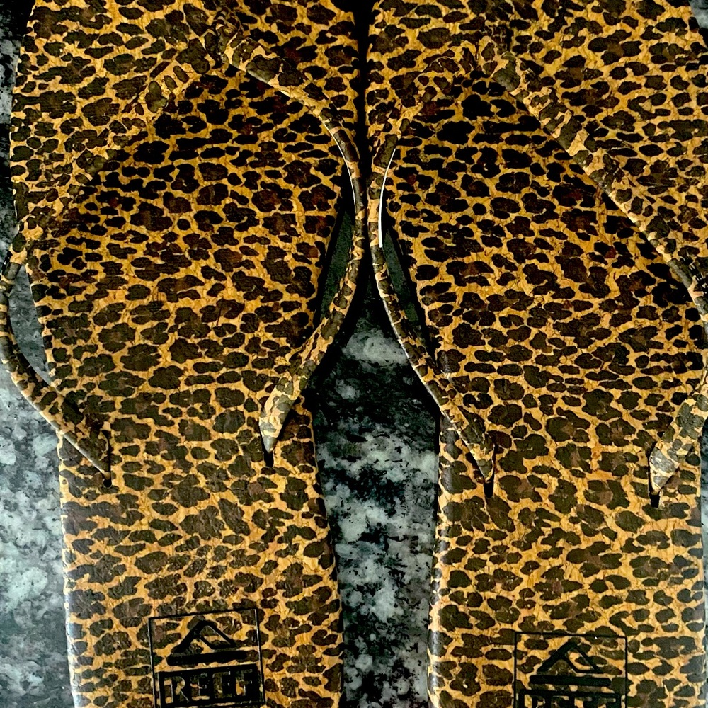 Leopard reef flip flops. Worn once